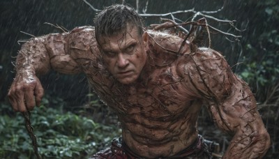 solo,looking at viewer,short hair,black hair,1boy,holding,closed mouth,upper body,weapon,male focus,outdoors,blurry,tree,blood,muscular,scar,abs,pectorals,muscular male,rain,veins,topless male,realistic,manly,lightning,black eyes,tattoo,chain,nature,scar on face,very short hair