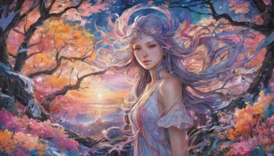 1girl,solo,long hair,breasts,looking at viewer,blue eyes,hair ornament,dress,bare shoulders,jewelry,upper body,flower,earrings,outdoors,parted lips,sky,white dress,tree,lips,grey eyes,floating hair,leaf,wind,nature,scenery,sunset,mountain,autumn,very long hair,white hair,artist name,cloud,watermark,sunlight,feathers,cherry blossoms,realistic,sun,branch,bare tree,sunrise