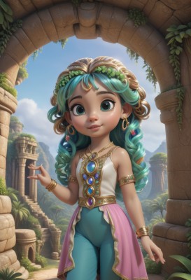 1girl,solo,long hair,looking at viewer,smile,blue eyes,hair ornament,bare shoulders,jewelry,closed mouth,green eyes,standing,multicolored hair,cowboy shot,earrings,small breasts,outdoors,parted lips,green hair,sky,sleeveless,day,pants,cloud,hand up,dark skin,necklace,flat chest,bracelet,two-tone hair,aqua eyes,dark-skinned female,tree,blue sky,lips,eyelashes,aqua hair,bodysuit,cameltoe,leaf,watermark,plant,building,gem,child,armlet,arm at side,curly hair,hoop earrings,blue pants,bangle,head wreath,forehead jewel,pillar,green gemstone,column,artist name,aged down