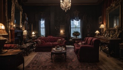 sky,day,indoors,tree,cup,pillow,book,no humans,window,bed,chair,table,sunlight,plant,curtains,scenery,couch,plate,teacup,wooden floor,bookshelf,potted plant,light,lamp,candle,teapot,cushion,saucer,picture frame,armchair,painting (object),carpet,candlestand,rug,cabinet,chandelier,phonograph,tablecloth,fireplace,mirror,vase