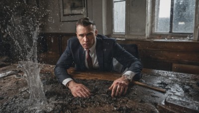 solo,looking at viewer,short hair,shirt,black hair,long sleeves,1boy,sitting,jacket,white shirt,weapon,male focus,necktie,collared shirt,indoors,black eyes,tree,black jacket,gun,window,facial hair,chair,formal,table,suit,red necktie,snow,snowing,realistic,axe,bare tree,photo background,brown hair,closed mouth,upper body,day,dress shirt,blood,watch,wristwatch,undercut,black suit,broken window