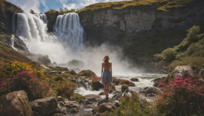 1girl, solo, short hair, brown hair, dress, flower, outdoors, sky, barefoot, day, cloud, water, tree, nature, scenery, rock, waterfall