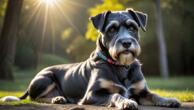 HQ,solo,looking at viewer,brown eyes,closed mouth,outdoors,lying,day,blurry,collar,tree,no humans,depth of field,blurry background,animal,sunlight,grass,dog,light rays,realistic,animal focus,animal collar,tongue,signature,tongue out,on stomach,nature,puppy