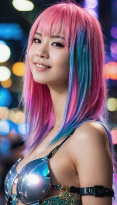 1girl,solo,long hair,breasts,looking at viewer,smile,bangs,cleavage,blue hair,swimsuit,upper body,pink hair,bikini,multicolored hair,small breasts,parted lips,teeth,grin,blurry,black eyes,two-tone hair,lips,blurry background,blue bikini,realistic,nose,bokeh,bare shoulders,brown eyes,medium breasts,artist name,armor,from side,eyelashes,gradient hair,makeup,depth of field,watermark,bikini top only,web address,armlet,arm strap