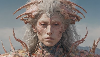 solo,long hair,looking at viewer,blue eyes,1boy,closed mouth,white hair,grey hair,male focus,outdoors,sky,day,blue sky,lips,grey eyes,blood,portrait,blood on face,realistic,straight-on,crack,cracked skin,1girl,cloud,armor,expressionless