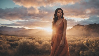 1girl,solo,long hair,breasts,large breasts,brown hair,black hair,dress,cleavage,bare shoulders,medium breasts,closed mouth,standing,closed eyes,outdoors,sky,sleeveless,cloud,black eyes,tree,lips,bare arms,sleeveless dress,wavy hair,red dress,cloudy sky,grass,nature,scenery,sunset,mountain,arms at sides,field,jewelry,earrings,sunlight,mountainous horizon