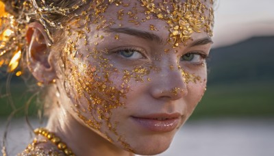 1girl,solo,looking at viewer,blonde hair,brown hair,hair ornament,jewelry,green eyes,parted lips,necklace,blurry,lips,depth of field,blurry background,gem,portrait,close-up,freckles,realistic,nose,gold,smile,blue eyes,black hair,1boy,closed mouth,male focus,earrings,outdoors,grey eyes,eyelashes,facial hair,thick eyebrows,head chain,mole on cheek