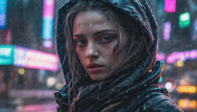 1girl, solo, looking at viewer, outdoors, hood, mole, blurry, lips, wet, mole under eye, night, blurry background, rain, realistic, nose, wet hair, cyberpunk, neon lights