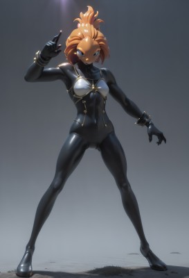 1girl,solo,breasts,looking at viewer,smile,short hair,blue eyes,gloves,jewelry,standing,full body,small breasts,shiny,hand up,grey background,orange hair,high heels,bracelet,bodysuit,covered navel,cameltoe,skin tight,furry,forehead,legs apart,shiny clothes,black bodysuit,latex bodysuit,swimsuit,colored skin,colored sclera,latex,black skin