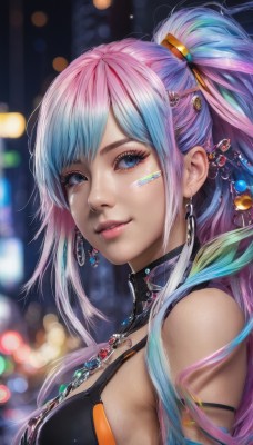 1girl,solo,long hair,breasts,looking at viewer,smile,bangs,blue eyes,hair ornament,bare shoulders,jewelry,medium breasts,blue hair,upper body,ponytail,pink hair,sidelocks,multicolored hair,earrings,parted lips,necklace,blurry,from side,two-tone hair,lips,eyelashes,gradient hair,makeup,depth of field,blurry background,gem,armlet,realistic,nose,swimsuit,purple hair,artist name,feathers,portrait,bandaid,beads,bandaid on face,feather hair ornament,bokeh