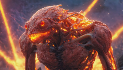 open mouth, sky, teeth, no humans, glowing, fire, sharp teeth, glowing eyes, science fiction, monster, realistic, extra eyes, alien, molten rock, kaijuu