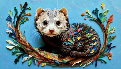 HQ,looking at viewer,brown eyes,flower,water,black eyes,no humans,animal,leaf,from above,blue background,plant,fish,animal focus,mouse,whiskers,solo,simple background,cat,feathers,branch