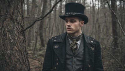 solo,looking at viewer,short hair,shirt,black hair,1boy,hat,closed mouth,jacket,white shirt,upper body,male focus,outdoors,open clothes,scarf,blurry,black eyes,vest,tree,coat,black jacket,ascot,black headwear,buttons,facial hair,nature,beard,forest,black coat,top hat,realistic,stubble,bare tree,open jacket,lips,looking to the side,blurry background,black vest