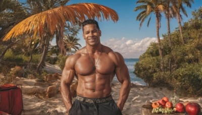 solo,smile,short hair,black hair,1boy,navel,jewelry,nipples,closed eyes,male focus,outdoors,food,sky,teeth,day,pants,cloud,water,necklace,tree,blue sky,muscular,fruit,facial hair,ocean,scar,beach,black pants,abs,cloudy sky,bottle,pectorals,muscular male,nature,bara,facing viewer,beard,forest,large pectorals,topless male,realistic,sand,palm tree,apple,basket,manly,chest hair,meat,deer,dark skin,dark-skinned male,hands in pockets,undercut