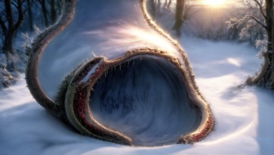 HQ,outdoors,sky,teeth,day,tree,no humans,sunlight,sharp teeth,nature,scenery,snow,forest,reflection,monster,mountain,dragon,sun,winter,bare tree,tail,cloud,realistic,sunrise