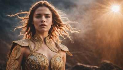 1girl,solo,long hair,breasts,looking at viewer,brown hair,brown eyes,medium breasts,upper body,sky,cloud,armor,lips,makeup,floating hair,sunlight,shoulder armor,curly hair,pauldrons,mountain,realistic,nose,sun,cleavage,outdoors,parted lips,cloudy sky,wind,backlighting,bikini armor