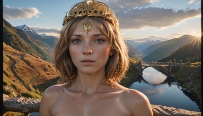 1girl,solo,looking at viewer,short hair,blonde hair,brown hair,bare shoulders,jewelry,green eyes,collarbone,upper body,nude,outdoors,parted lips,sky,day,artist name,cloud,water,tree,blue sky,lips,sunlight,crown,portrait,scenery,freckles,reflection,circlet,mountain,realistic,nose,sun,watercraft,river,boat,landscape,mountainous horizon,lake,teeth,cloudy sky,tiara,bridge