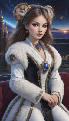 1girl,solo,long hair,breasts,looking at viewer,smile,brown hair,long sleeves,dress,animal ears,cleavage,brown eyes,jewelry,medium breasts,sitting,hairband,earrings,sky,pants,necklace,white dress,lips,coat,fur trim,makeup,night,ring,own hands together,gem,star (sky),pendant,starry sky,white pants,mouse ears,red lips,space,lion ears,planet,bear ears,parted lips,fake animal ears,lipstick,realistic,castle