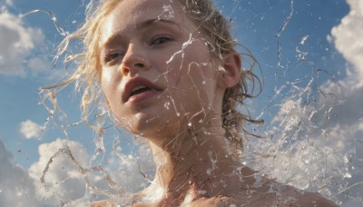 1girl,solo,looking at viewer,short hair,open mouth,blue eyes,blonde hair,outdoors,parted lips,sky,teeth,day,cloud,water,blue sky,lips,watermark,cloudy sky,portrait,realistic,nose,wind