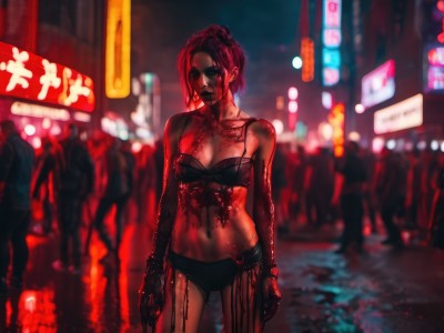 1girl,solo,breasts,looking at viewer,short hair,navel,cleavage,jewelry,medium breasts,underwear,standing,panties,swimsuit,ponytail,bikini,red hair,cowboy shot,earrings,outdoors,solo focus,bra,blurry,lips,wet,gun,black panties,blood,makeup,night,depth of field,blurry background,sunglasses,underwear only,lipstick,black bra,contrapposto,blood on face,city,blood on clothes,zombie,blood splatter,crowd,cyberpunk,neon lights,small breasts,bag,mask,chain,realistic,mechanical arms,single mechanical arm,gas mask