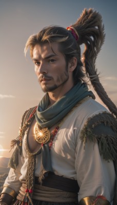 solo,long hair,looking at viewer,brown hair,shirt,black hair,hair ornament,long sleeves,1boy,brown eyes,jewelry,closed mouth,standing,white shirt,upper body,ponytail,weapon,male focus,outdoors,parted lips,sky,sword,scarf,black eyes,lips,hand on hip,sash,facial hair,sunlight,feathers,high ponytail,beard,backlighting,sunset,realistic,mustache,bracer,braid,necklace,scar,sunrise