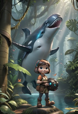 1girl,solo,looking at viewer,smile,short hair,open mouth,bangs,blue eyes,brown hair,shirt,holding,standing,short sleeves,pantyhose,hairband,boots,outdoors,shorts,teeth,signature,water,bag,tree,glowing,animal,leaf,brown footwear,sunlight,bug,plant,child,nature,forest,fish,pouch,light rays,fantasy,camera,female child,sunbeam,holding camera,shark,whale,horns,robot,sharp teeth,wristband,single horn,headset,ankle boots,dinosaur