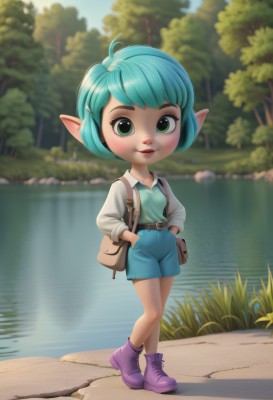 1girl,solo,breasts,looking at viewer,smile,short hair,bangs,shirt,hair ornament,long sleeves,green eyes,blue hair,standing,full body,white shirt,small breasts,boots,outdoors,parted lips,shorts,day,pointy ears,hairclip,belt,artist name,water,bag,blurry,tree,lips,aqua hair,depth of field,blurry background,grass,child,nature,walking,blue shorts,hands in pockets,female child,ankle boots,brown belt,purple footwear,river,brown bag,green hair,watermark,web address,buckle,hands on hips,overalls