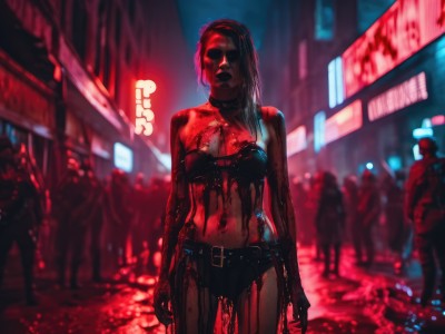 1girl,long hair,breasts,black hair,navel,bare shoulders,medium breasts,underwear,standing,panties,swimsuit,bikini,hairband,outdoors,solo focus,choker,belt,bra,blurry,strapless,blood,makeup,night,blurry background,glowing,lipstick,blood on face,city,blood on clothes,blood splatter,crowd,cyberpunk,neon lights,solo,open mouth,jewelry,cowboy shot,small breasts,shorts,midriff,torn clothes,short shorts,depth of field,facing viewer,city lights