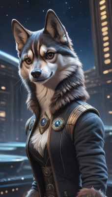 1girl,solo,breasts,looking at viewer,smile,long sleeves,animal ears,brown eyes,jewelry,jacket,upper body,outdoors,sky,belt,artist name,signature,blurry,vest,black jacket,fur trim,night,blurry background,animal,brooch,building,gem,star (sky),night sky,furry,starry sky,fur collar,city,furry female,body fur,white fur,animal nose,whiskers,blue gemstone,black fur,closed mouth,no humans,depth of field,watermark,dog,black vest,hands in pockets