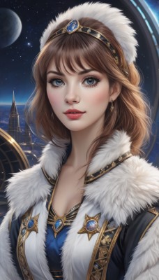 1girl,solo,long hair,breasts,looking at viewer,smile,bangs,blue eyes,brown hair,cleavage,jewelry,medium breasts,collarbone,upper body,hairband,earrings,parted lips,sky,lips,coat,fur trim,eyelashes,makeup,night,moon,gem,star (sky),night sky,full moon,starry sky,freckles,realistic,nose,red lips,space,planet,blush,tiara,lipstick,castle,earth (planet)