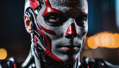 solo,looking at viewer,1boy,brown eyes,male focus,blurry,lips,bodysuit,mask,depth of field,blurry background,helmet,portrait,science fiction,realistic,power armor,shiny,close-up,shiny clothes,latex,superhero