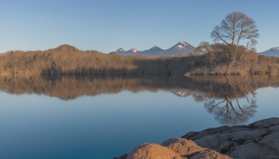 outdoors,sky,day,water,tree,blue sky,no humans,grass,nature,scenery,reflection,rock,mountain,bare tree,river,landscape,mountainous horizon,lake,forest