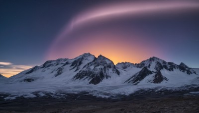 outdoors,sky,cloud,no humans,night,star (sky),nature,night sky,scenery,snow,starry sky,sunset,mountain,twilight,landscape,mountainous horizon,gradient sky,sunrise,blue sky,sun,shooting star