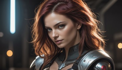 1girl,solo,long hair,looking at viewer,smile,brown hair,brown eyes,upper body,parted lips,armor,blurry,lips,makeup,depth of field,blurry background,wavy hair,messy hair,portrait,science fiction,realistic,nose,blue eyes,red hair,orange hair,grey eyes,eyelashes,shoulder armor,close-up,pauldrons