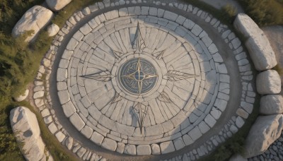 solo,outdoors,day,tree,no humans,shadow,bird,from above,grass,nature,scenery,rock,clock,roman numeral,stone,weapon,sword