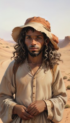 solo,long hair,looking at viewer,smile,brown hair,shirt,black hair,long sleeves,1boy,hat,dress,brown eyes,closed mouth,white shirt,upper body,male focus,outdoors,day,signature,dark skin,white dress,dark-skinned female,lips,buttons,facial hair,dark-skinned male,beard,curly hair,realistic,nose,sand,brown headwear,straw hat,very dark skin,desert,standing,collarbone,crossdressing,sun hat,cowboy hat