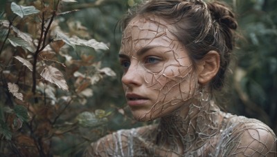 1girl,solo,short hair,blue eyes,brown hair,closed mouth,outdoors,blurry,lips,depth of field,blurry background,leaf,plant,portrait,nature,realistic,nose,silk,spider web,black hair,upper body,flower,eyelashes,looking away,branch