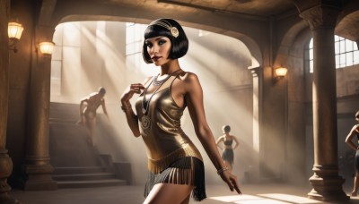 1girl,breasts,short hair,bangs,multiple girls,skirt,black hair,dress,bare shoulders,jewelry,hairband,parted lips,multiple boys,sleeveless,solo focus,indoors,dark skin,blunt bangs,necklace,black eyes,bracelet,dark-skinned female,lips,makeup,headband,sunlight,bob cut,lipstick,walking,running,stairs,bangle,fringe trim,pillar,statue,solo,realistic,column