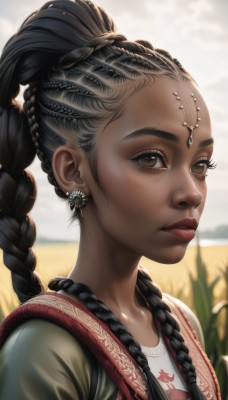 1girl,solo,long hair,looking at viewer,shirt,black hair,hair ornament,brown eyes,jewelry,upper body,braid,flower,earrings,outdoors,parted lips,sky,day,artist name,dark skin,mole,blurry,twin braids,dark-skinned female,lips,eyelashes,depth of field,blurry background,portrait,freckles,realistic,nose,field,multiple braids,closed mouth,collarbone,white shirt,cloud,mole under eye,makeup,facial mark,piercing,hair over shoulder,forehead,very dark skin