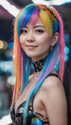 1girl,solo,long hair,breasts,looking at viewer,smile,bangs,blonde hair,cleavage,bare shoulders,jewelry,medium breasts,closed mouth,underwear,blue hair,swimsuit,upper body,pink hair,bikini,multicolored hair,earrings,small breasts,choker,bra,blurry,black eyes,collar,two-tone hair,lips,eyelashes,gradient hair,makeup,depth of field,blurry background,piercing,bikini top only,lens flare,o-ring,eyeshadow,freckles,realistic,nose,bokeh,mascara,rainbow hair,blue eyes,from side,swept bangs,watermark,pink lips