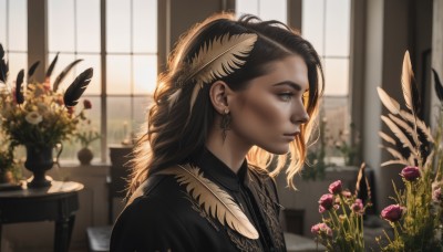 1girl,solo,long hair,brown hair,shirt,black hair,hair ornament,1boy,jewelry,closed mouth,upper body,flower,male focus,earrings,day,indoors,blurry,from side,lips,black shirt,eyelashes,window,profile,depth of field,blurry background,looking away,table,feathers,plant,portrait,realistic,nose,potted plant,feather hair ornament,looking afar,vase,brown eyes,sunlight