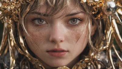 1girl,solo,long hair,looking at viewer,bangs,blonde hair,brown hair,hair ornament,brown eyes,closed mouth,parted lips,blurry,lips,wet,eyelashes,portrait,close-up,freckles,realistic,nose,straight-on,eye focus,blurry background,expressionless,water drop,wet hair,gold