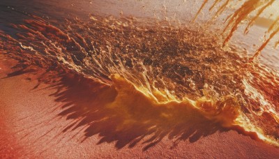 solo,outdoors,wings,sky,cloud,water,no humans,ocean,beach,scenery,flying,sunset,sand,horizon,waves,orange theme,dutch angle,from above