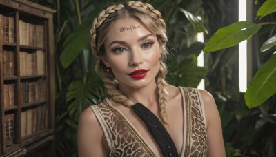 1girl,solo,long hair,breasts,looking at viewer,smile,blonde hair,brown hair,bare shoulders,brown eyes,jewelry,collarbone,upper body,weapon,braid,earrings,parted lips,sleeveless,artist name,indoors,mole,blurry,twin braids,lips,gun,grey eyes,book,makeup,blurry background,leaf,plant,lipstick,handgun,freckles,realistic,bookshelf,red lips,crown braid,dress,teeth,tattoo,facial mark