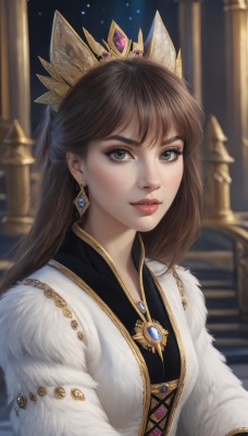 1girl,solo,long hair,looking at viewer,bangs,brown hair,dress,jewelry,upper body,earrings,parted lips,white dress,blurry,black eyes,lips,grey eyes,fur trim,eyelashes,makeup,blurry background,crown,lipstick,brooch,gem,half updo,stairs,realistic,nose,red lips,blue gemstone,red gemstone,black hair,animal ears,artist name,pillar