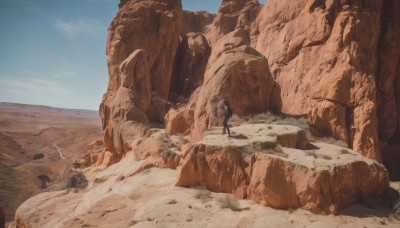 1girl,solo,short hair,long sleeves,1boy,standing,jacket,male focus,boots,outdoors,sky,day,pants,cloud,from behind,blue sky,bird,backpack,scenery,rock,mountain,sand,facing away,wide shot,desert,cliff,realistic