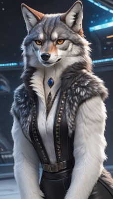 1girl,solo,breasts,looking at viewer,shirt,animal ears,jewelry,medium breasts,closed mouth,tail,yellow eyes,white shirt,belt,artist name,necklace,blurry,vest,orange eyes,fur trim,blurry background,wolf ears,suspenders,brooch,gem,furry,pendant,colored sclera,fur collar,black vest,furry female,body fur,white fur,fur,animal nose,wolf,snout,fluffy,grey fur,upper body,teeth,signature,animal ear fluff,no humans,animal,clenched teeth