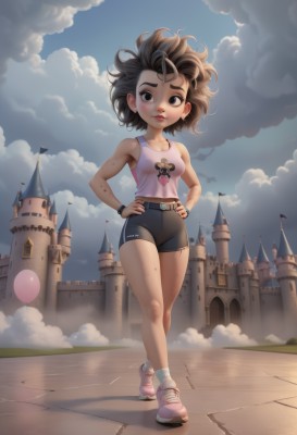 1girl,solo,breasts,looking at viewer,blush,short hair,brown hair,shirt,black hair,cleavage,bare shoulders,brown eyes,jewelry,standing,collarbone,full body,heart,earrings,small breasts,outdoors,parted lips,sky,shoes,shorts,teeth,sleeveless,day,socks,belt,artist name,cloud,mole,black eyes,bracelet,blue sky,lips,bare arms,short shorts,sleeveless shirt,makeup,shadow,black shorts,thick eyebrows,crossed legs,cloudy sky,tank top,white socks,bike shorts,building,messy hair,sneakers,child,backlighting,freckles,walking,pink shirt,hands on hips,watch,pink footwear,female child,wristwatch,print shirt,castle,tower,ankle socks,medium breasts,smoke,balloon