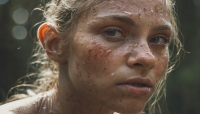 1girl,solo,long hair,looking at viewer,white hair,parted lips,blurry,black eyes,lips,wet,depth of field,blurry background,messy hair,portrait,close-up,freckles,realistic,nose,blonde hair,teeth,eyelashes,blood,blood on face,dirty,bokeh