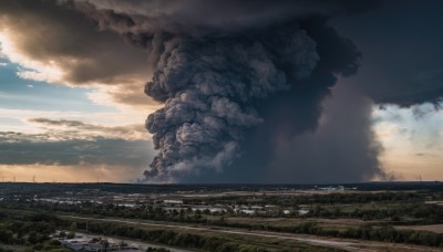 outdoors,sky,day,cloud,tree,no humans,cloudy sky,grass,ground vehicle,building,scenery,smoke,sunset,city,road,cityscape,power lines,landscape,hill,blue sky,river